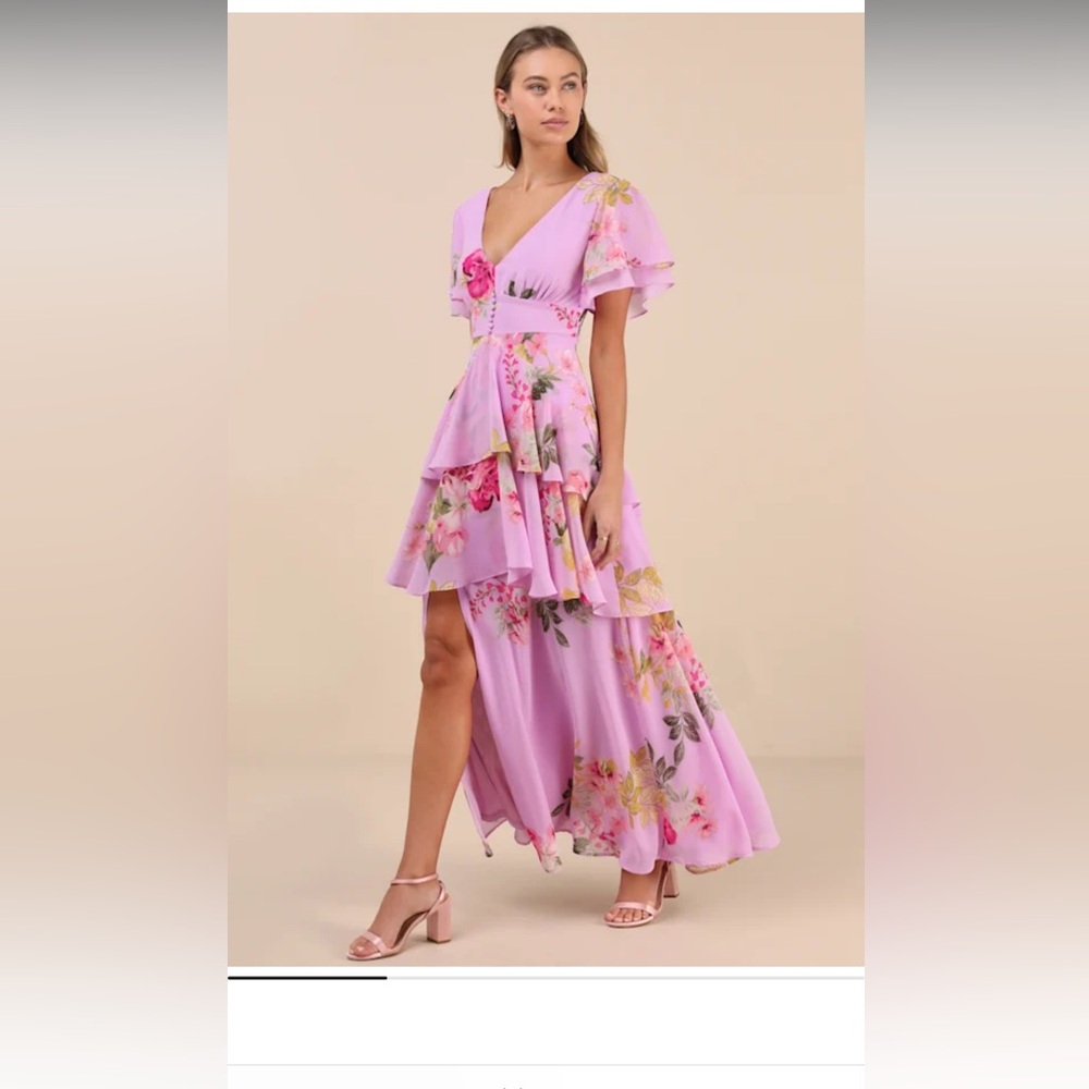 NWOT Lulus Floral Pink Ruffle Wedding Guest/ Bridesmaid Dress